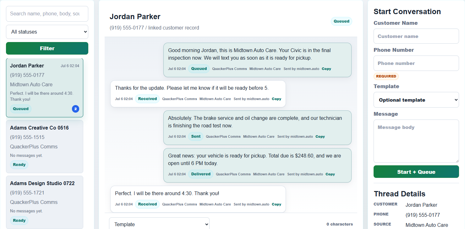 QuackerPlus customer conversation surface showing workflow messages and replies
