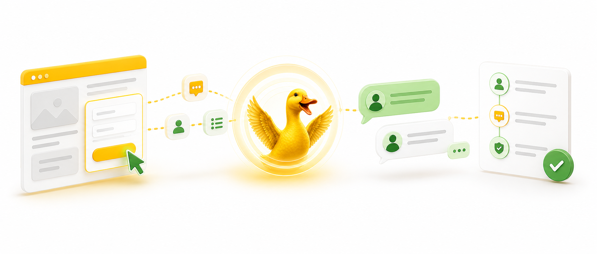 Illustrated website workflow leading into an attached customer conversation