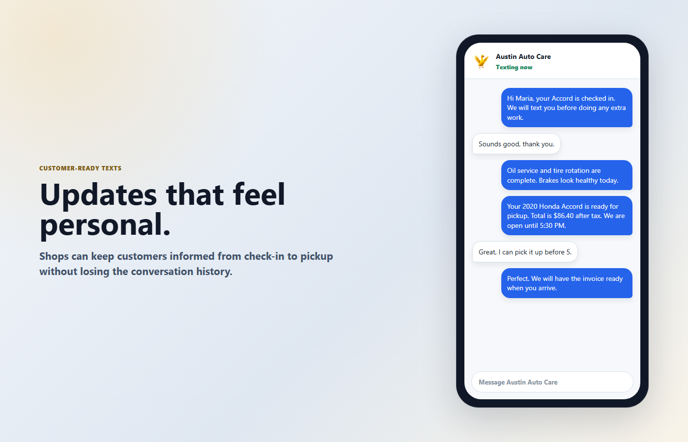 Customer text conversation for workflow updates and replies