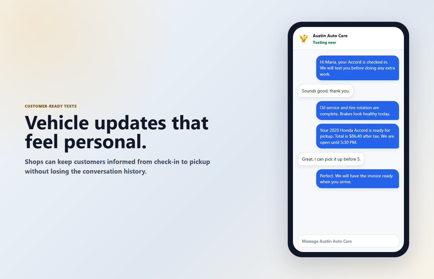 Customer text conversation for service updates and pickup notice
