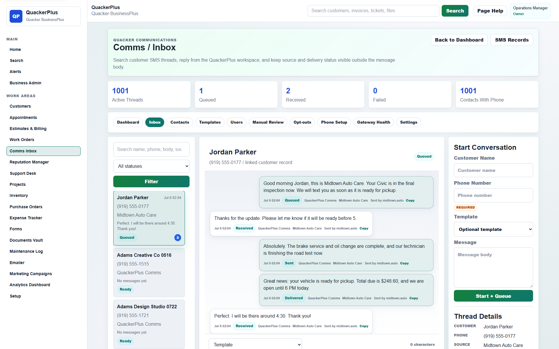 QuackerPlus business software suite inbox and customer conversation workspace