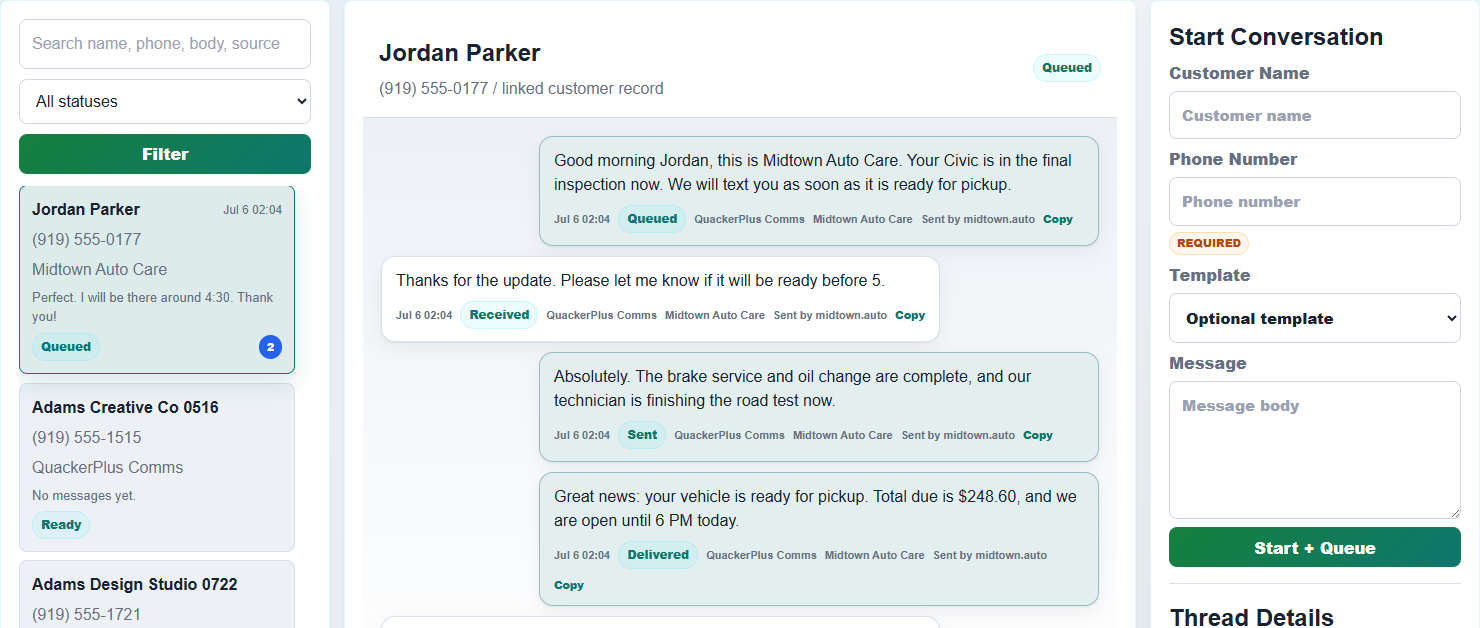QuackerPlus software inbox with a customer conversation attached to the workflow