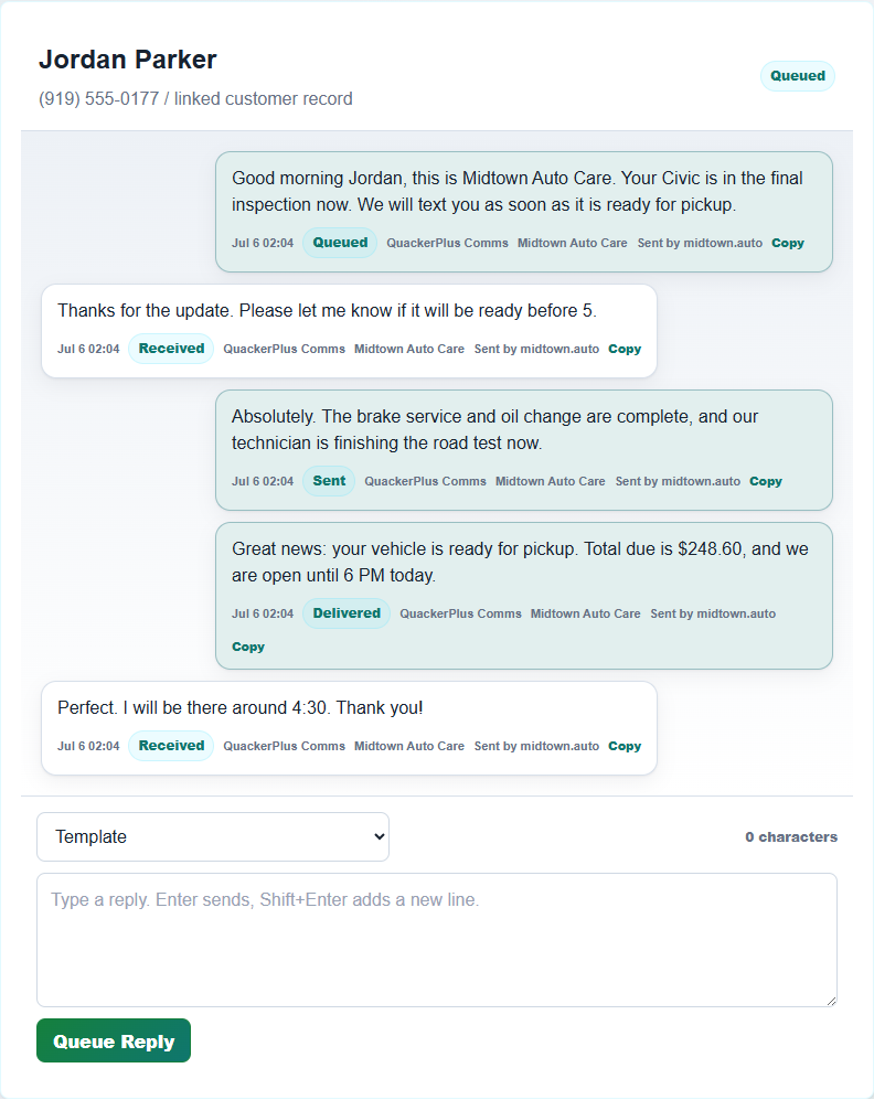 QuackerPlus customer conversation thread with queued reply controls