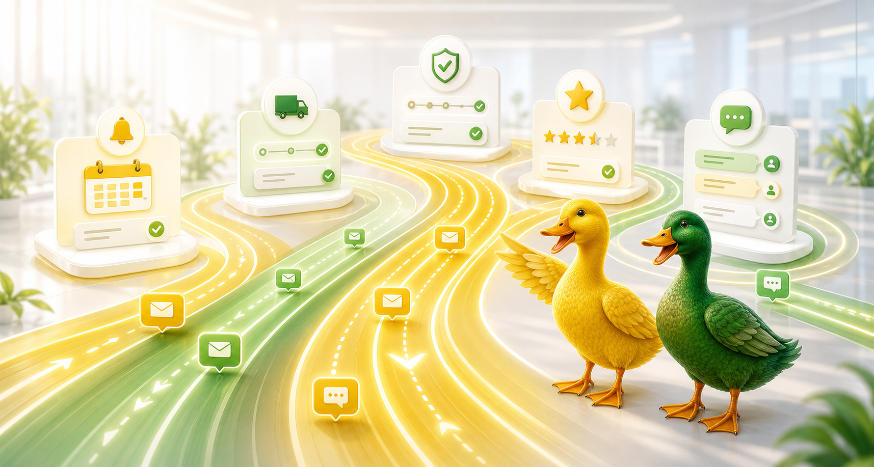 aiQuacker solution workflow surfaces for reminders, updates, approvals, reviews, and replies